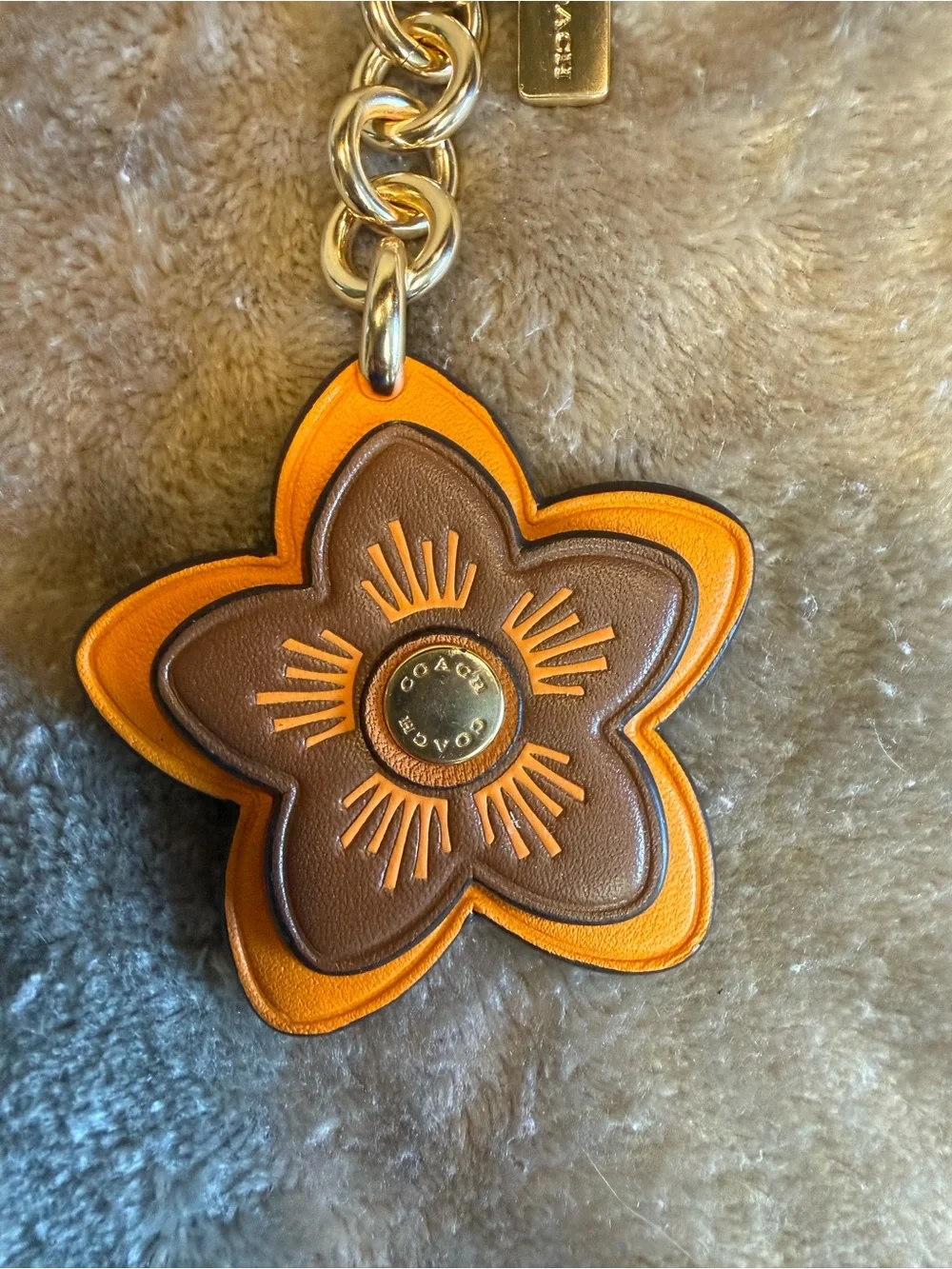 Coach Orange and Brown & Orange Leather Flower Keyring with Gold Hardware